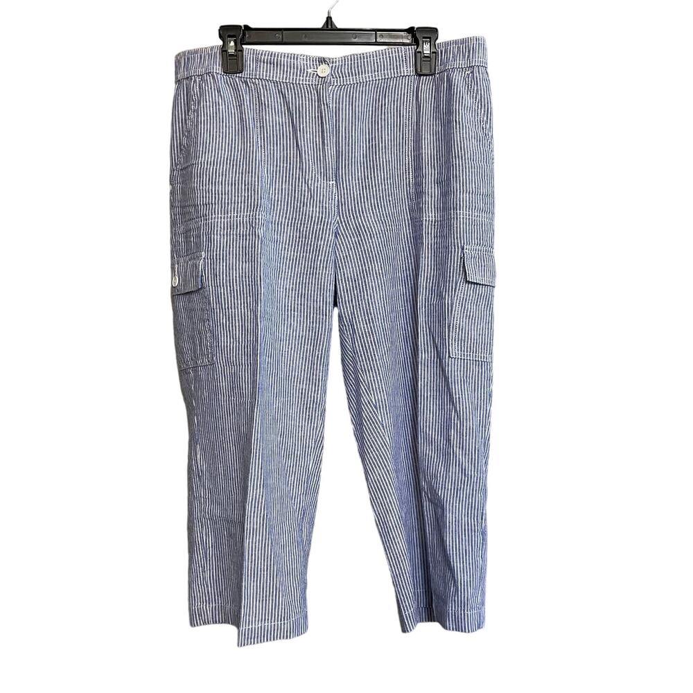Talbots Pants Cropped Linen Cotton Blue White Striped Cargo Pockets Size‎ 14